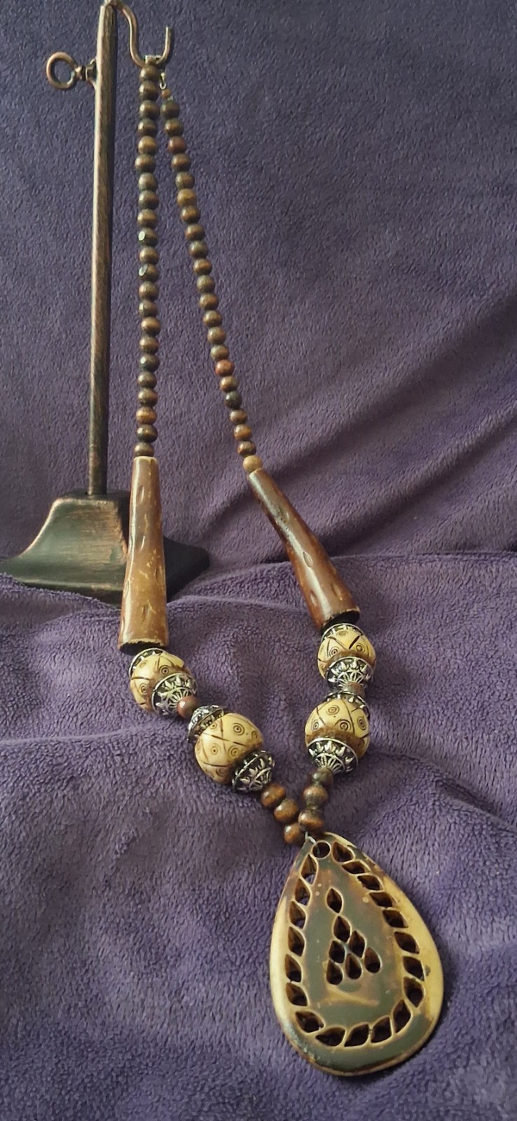 Vintage Tribal Artisan Batik Bovine Bone & Carved Horn Statement Necklace