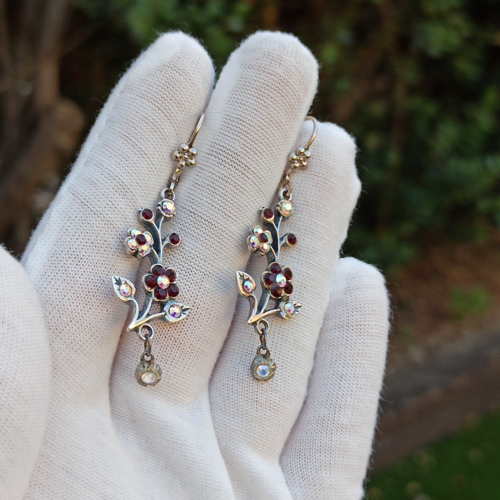 Michal Negrin Earrings Silver Aurora Borealis Red Crystals Long Flower Branch