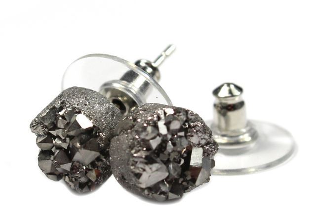 Druze Gemstone Crystal Earstud Earring Silver Brown Blue Rhodium Plated