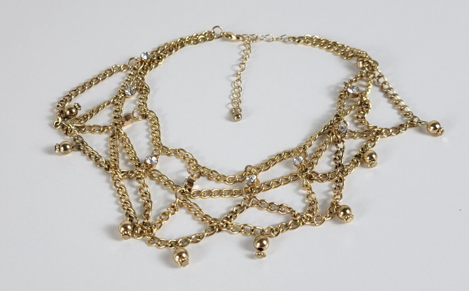 Lace Pattern Gold-Tone Chain And Clear Crystal Charm Collar Necklace 15 In