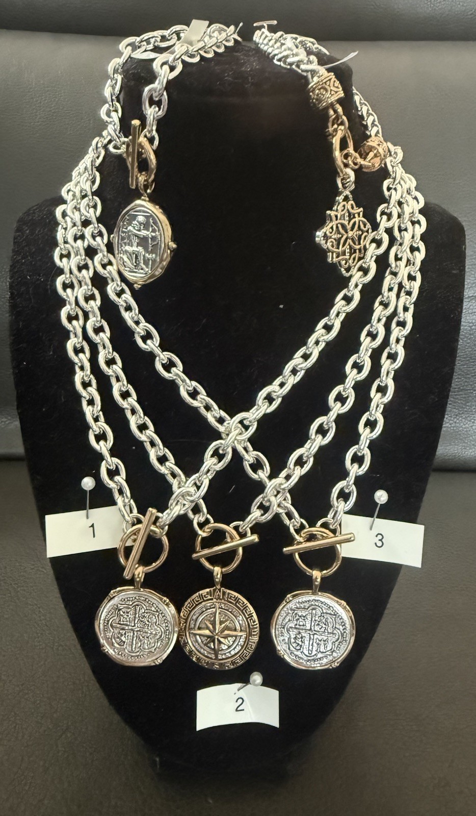 New Costume Jewelry Medallion Necklaces; Gold And Silver Tones W/A Front Closure