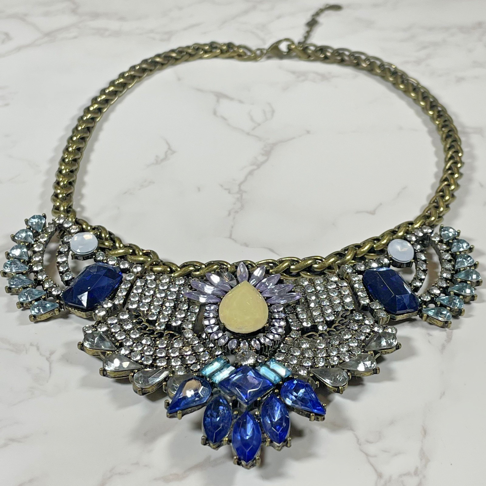BaubleBar Statement Necklace Blue Crystal Rhinestone Bib Antique Bronze Choker