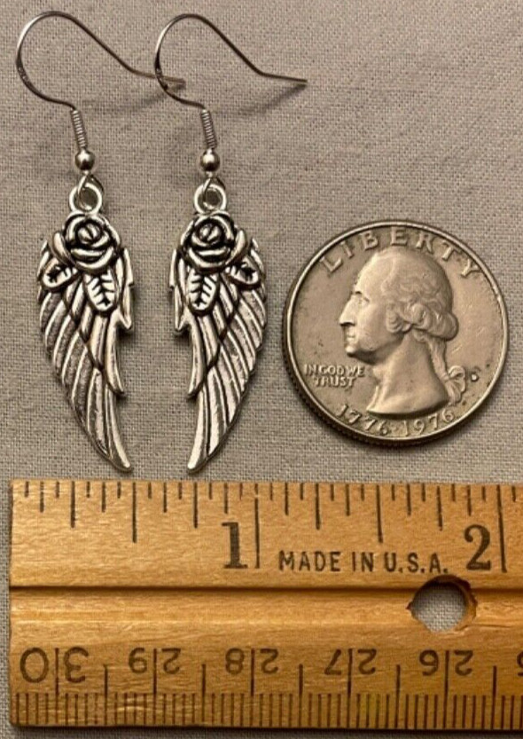 ROSE WINGS EARRINGS – Pewter w/Sterling Silver Ear Wires BIRD ANGEL FAIRY ICARUS
