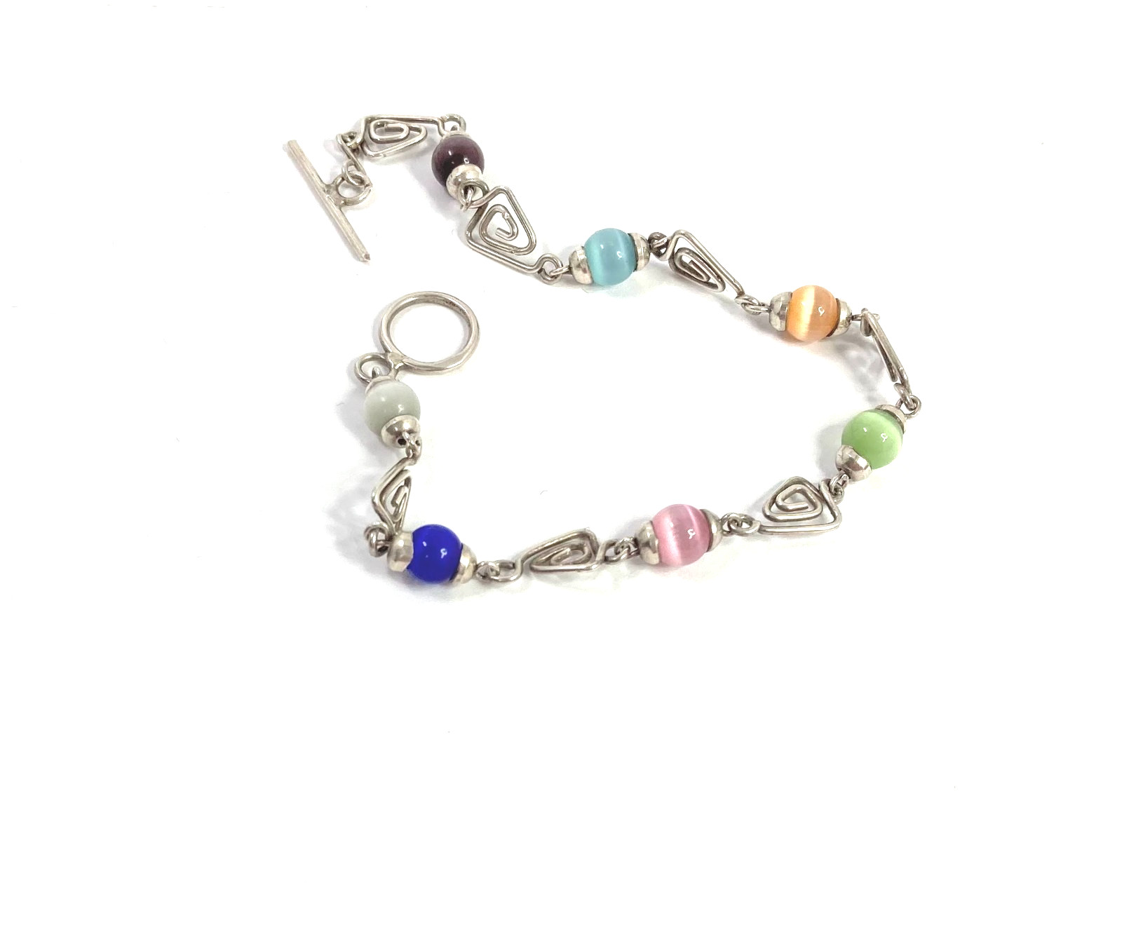 925 Silver & Multicolored Cat’s Eye Glass Triangle Link Chain Bracelet 8 in long