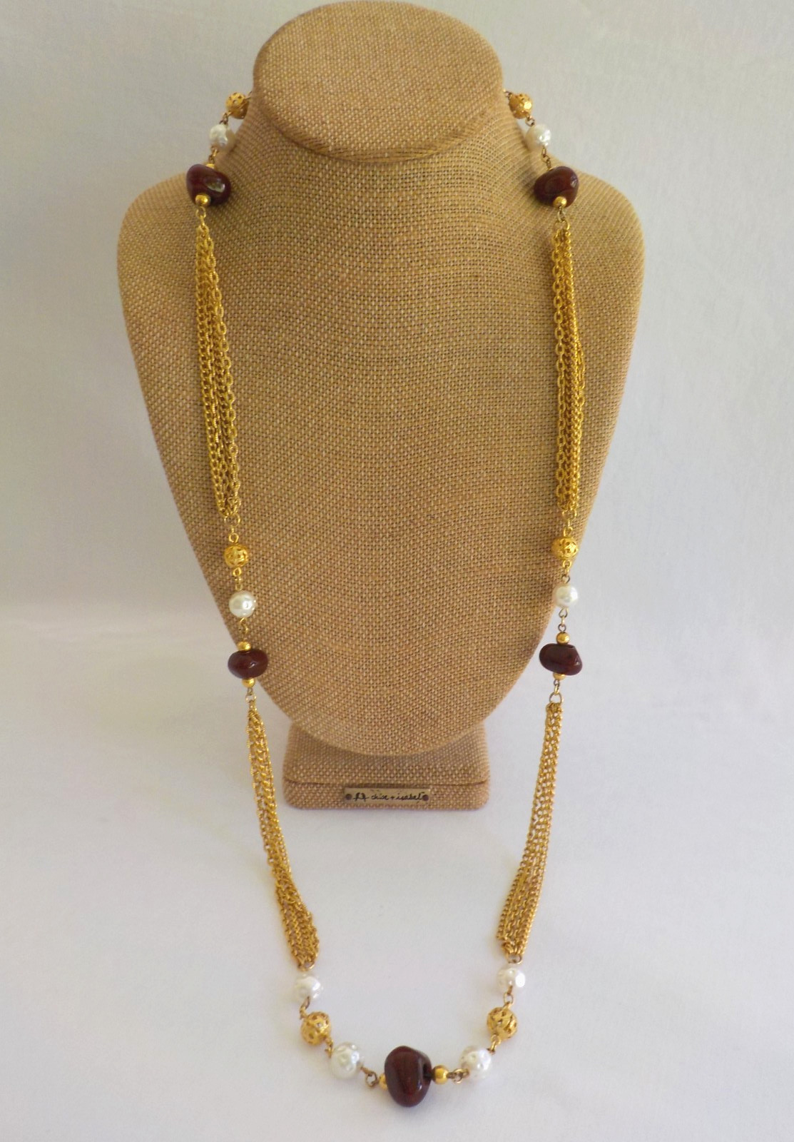 Long Strand Necklace Bead Stone Plastic Faux Pearl Gold Tone Metal Chain NoClasp