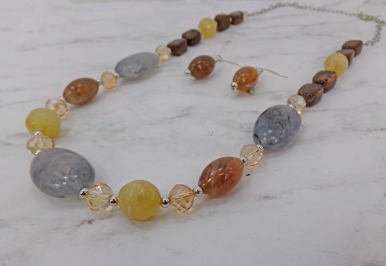 Multicolor Neutral Bead Necklace Earring Set Brown Beige Gray Statement jewelry