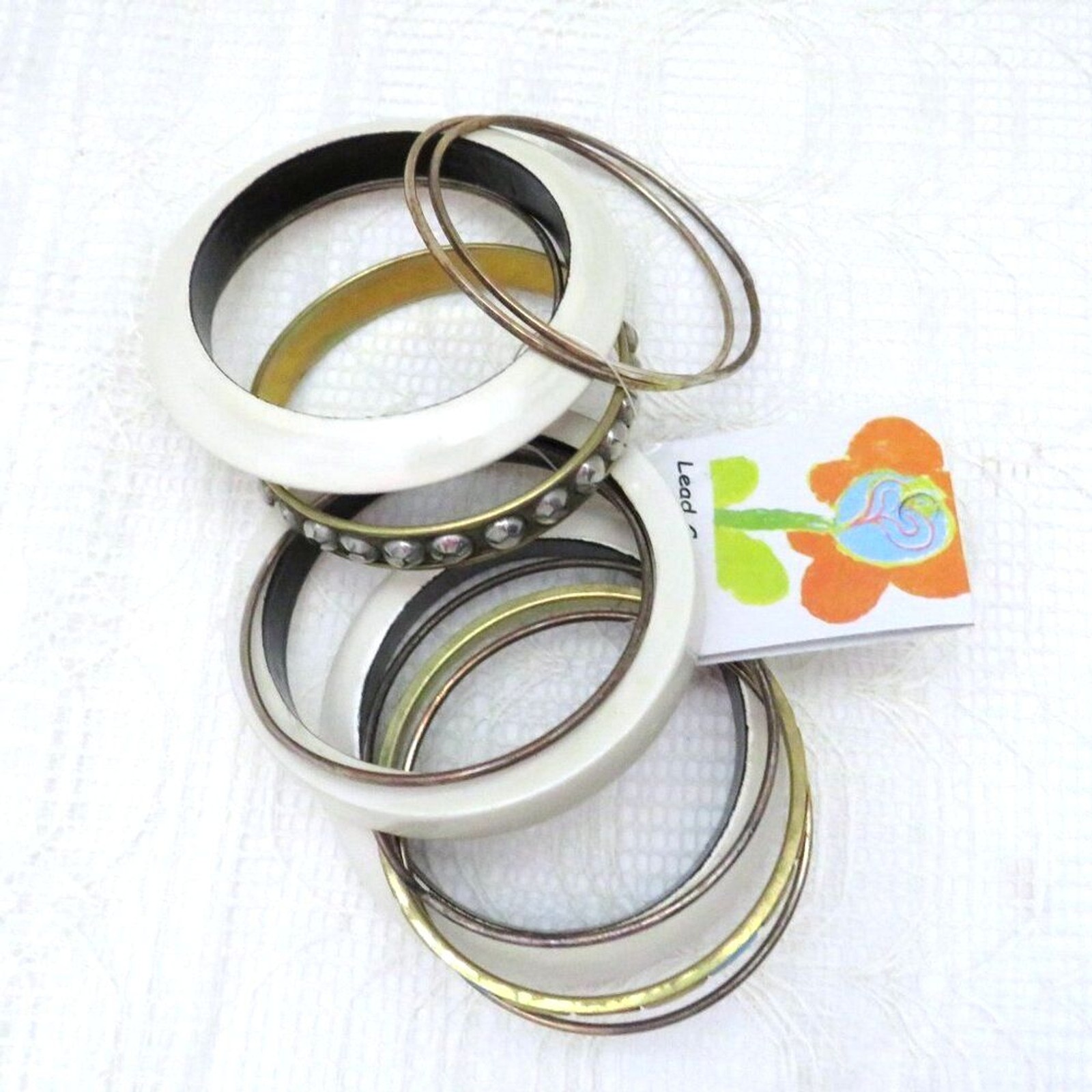 Bangle Bracelets Women Set of 11 Mixed Chunky Boho Chunky and Thin Cream Silver