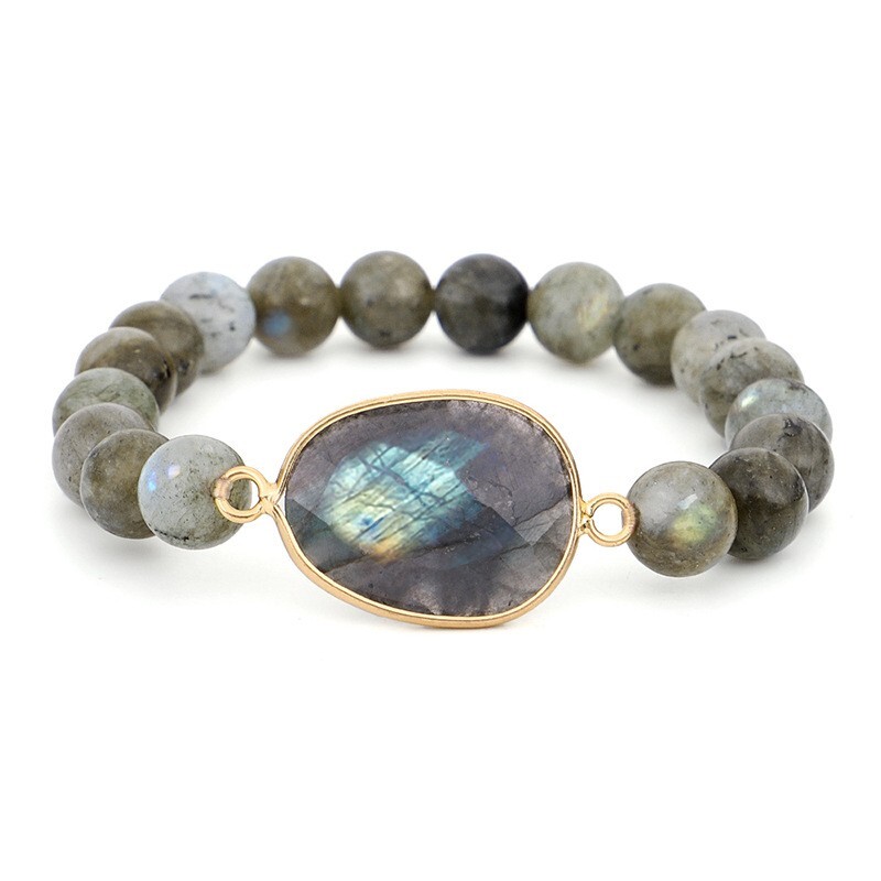Handmade Natural Labradorite Elastic Stretch Bracelet with Labradorite Raw Stone