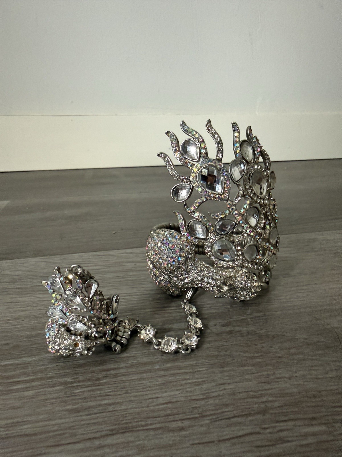 Peacock Rhinestone Hand Chain Bracelet Ring Silver Tone Statement Costume Jewerl