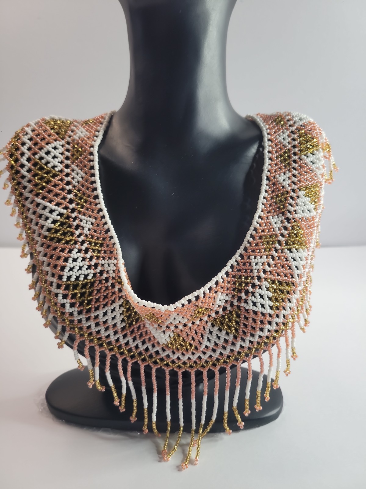 Handmade Pink Orange White Gold Beaded Collar Necklace Fringe Bib Statement Boho