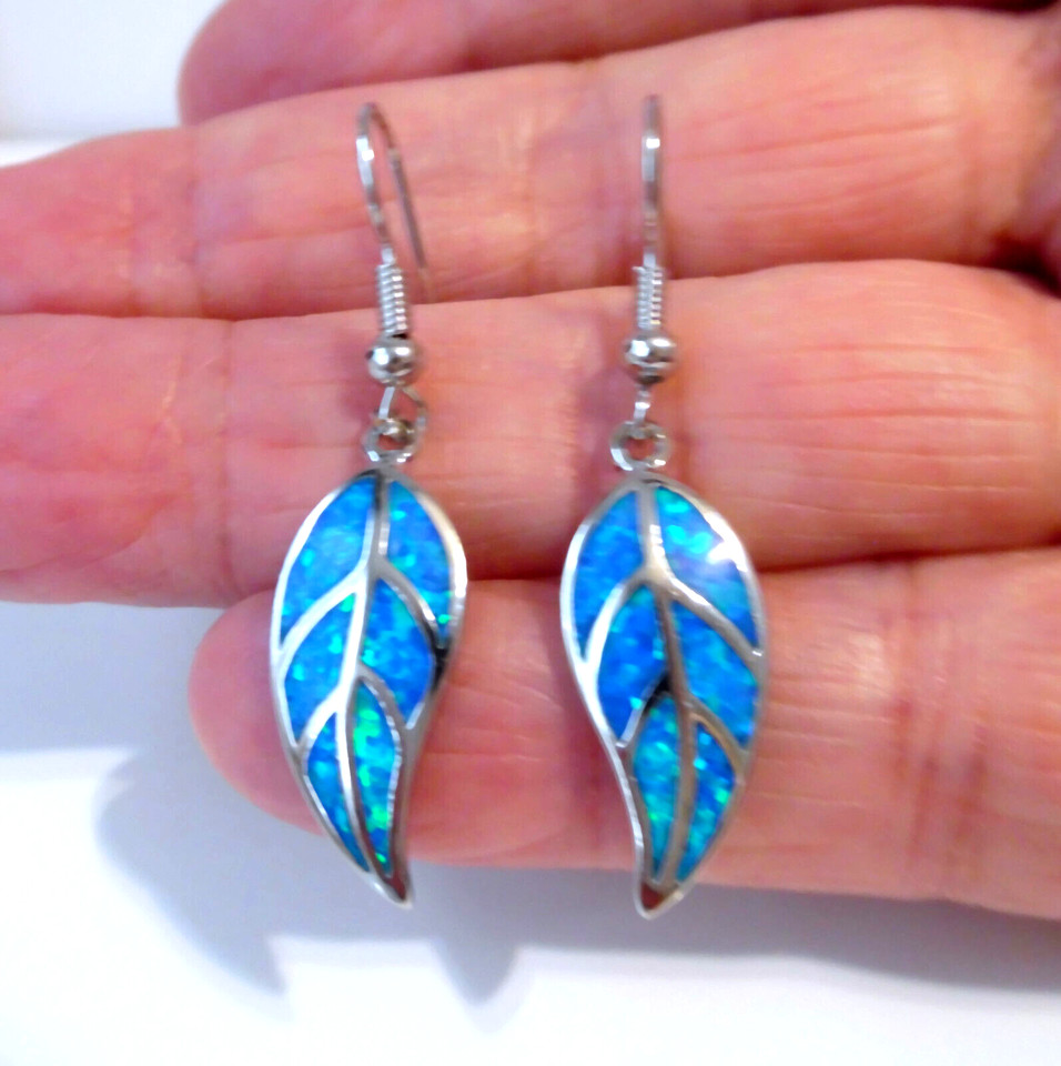 GORGEOUS BLUE FIRE OPAL LEAF HOOK EARRINGS
