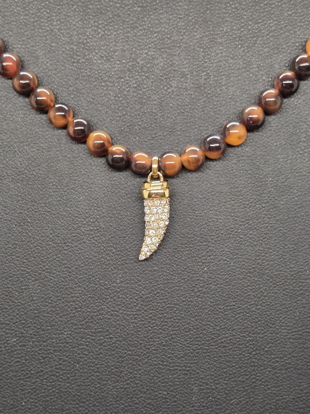 BaubleBar Tiger’s Eye Beaded Necklace Gold Tone Pavé Horn Crescent Pendant 18″