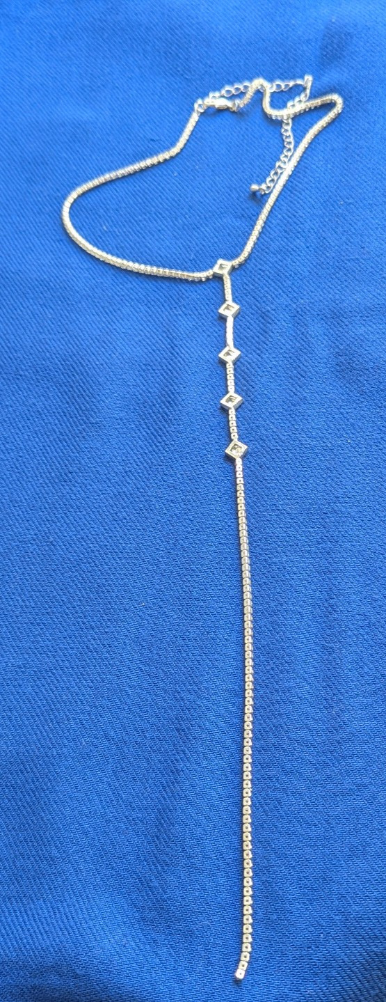 Silver Tone Lariat Y Chain Necklace Clear Crystal Box Chain Adjustable 13″ + 5″