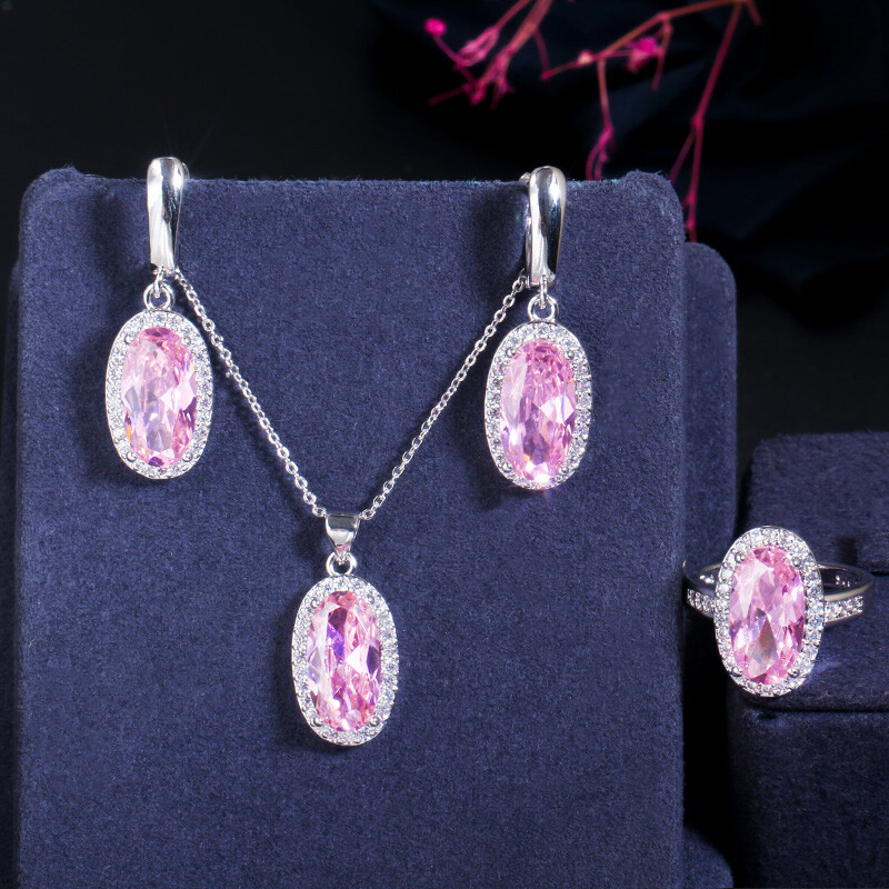 Vivid Cubic Zirconia Oval Drop Necklace Ring Earrings Silver Plated Jewelry Set