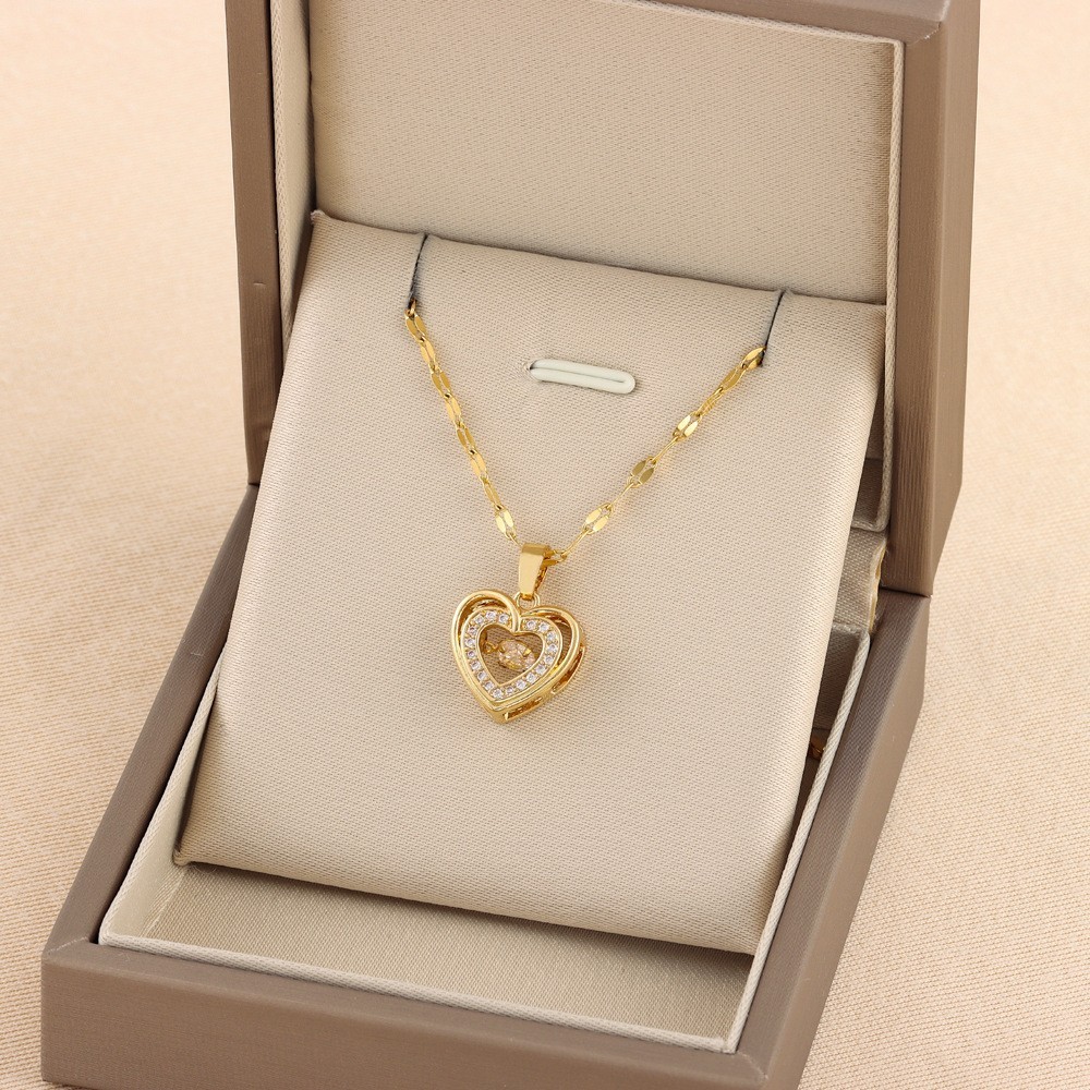 Double Layer Heart Necklace Rhinestone Titanium Steel Women Gift