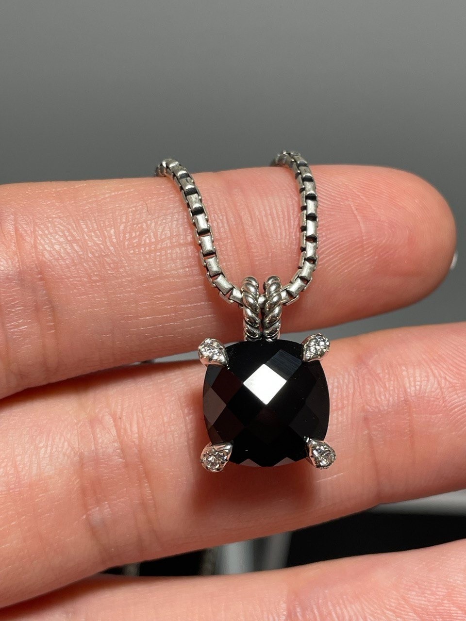Silver David Yurman 11MM Chatelaine Pendant Necklace with Black Onyx & Diamonds