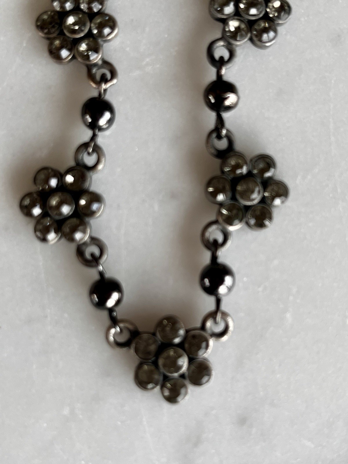 Smokey Crystal 1/2” Flower Floral Gunmetal Necklace 16 1/2” Adjustable Length