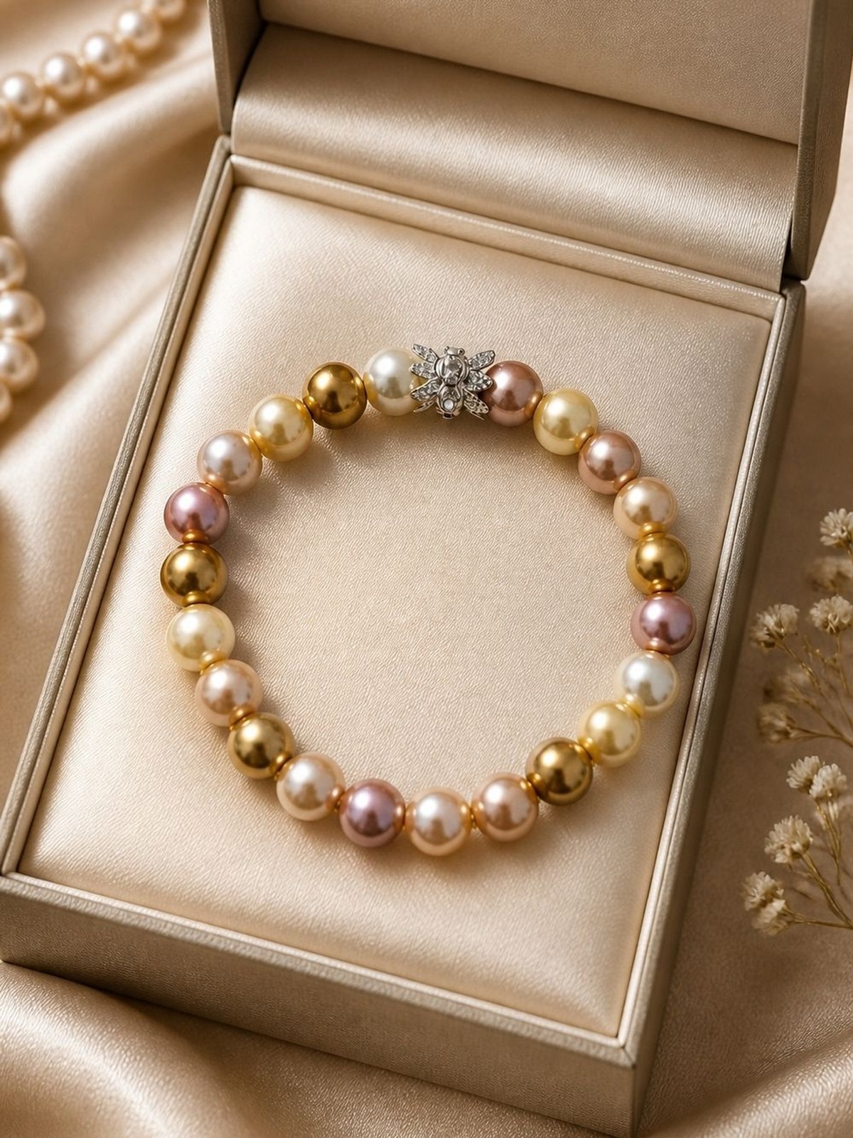 Multi-Color Cream And Beige Pearl Stretch Bracelet with Silver Crystal Accent