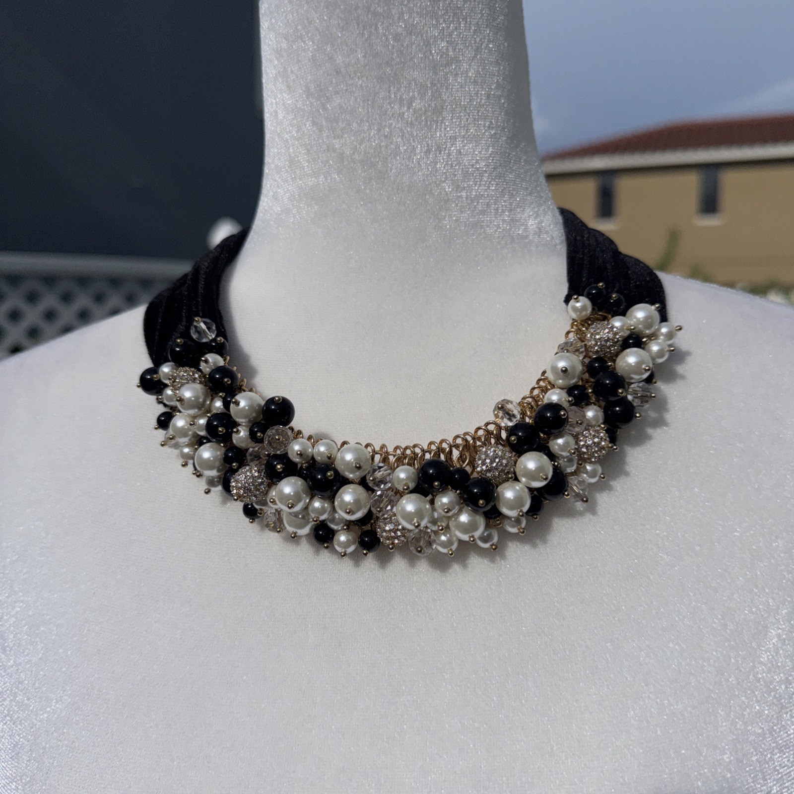Talbots Black Velvet Gold Tone Faux Pearl CZ Beaded Cluster Necklace 21″ NWT