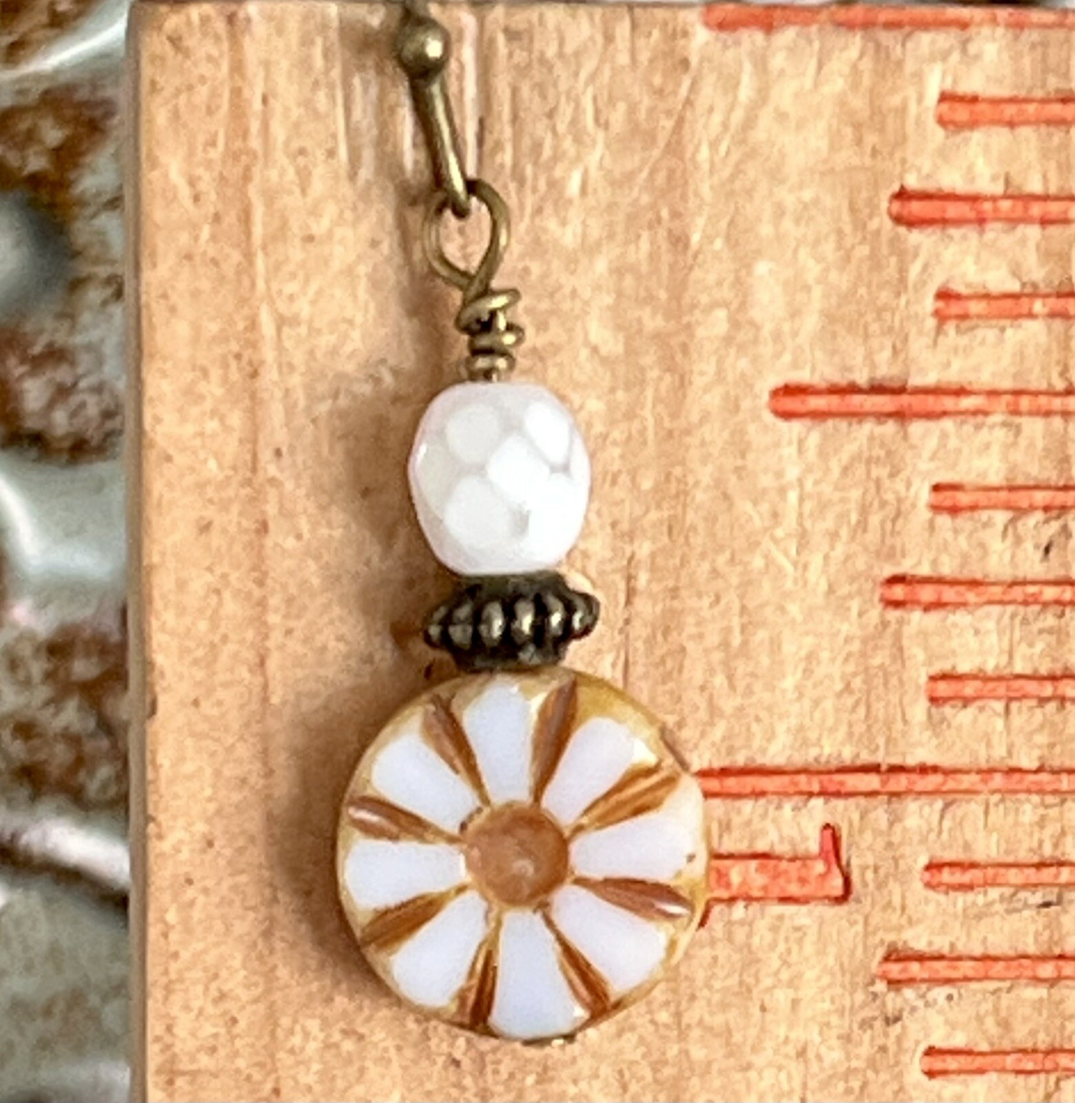 Beautiful Bronze with White Picasso Bead Earrings. Bloom.