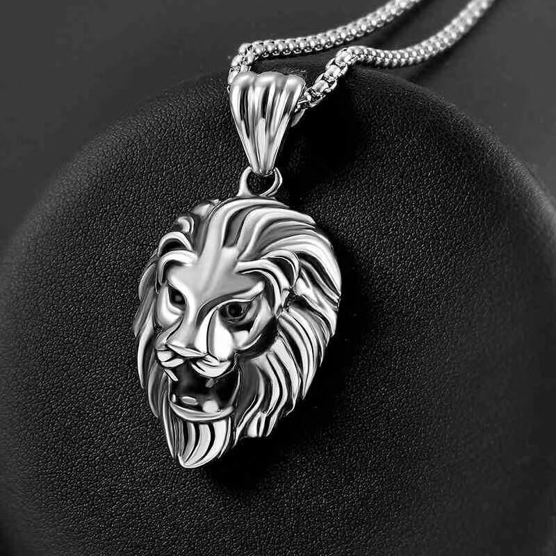 Silver Animal Lion King Head Pendant Necklace Chain 22″ Men’s Punk Jewelry Gift