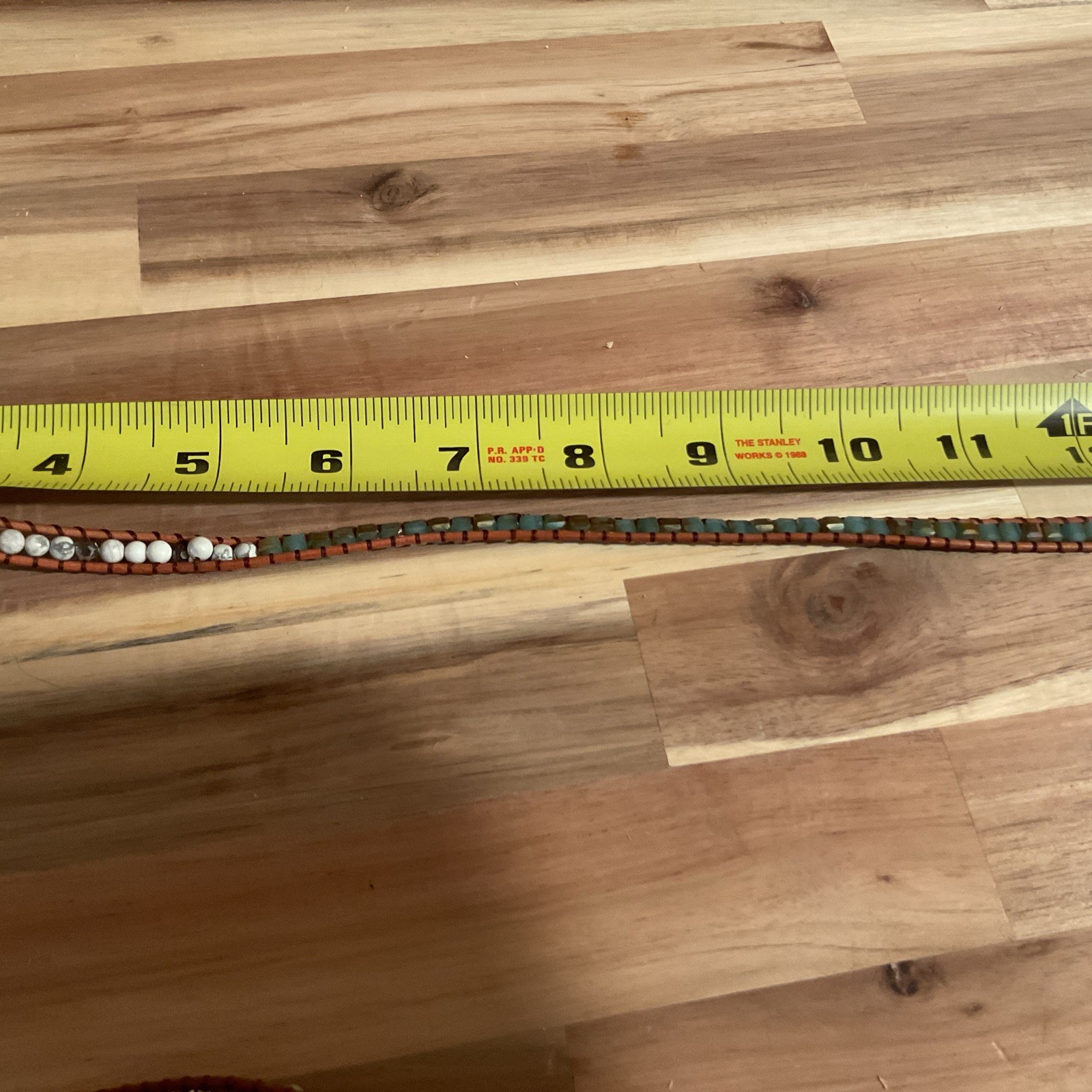 Blue Turquoise Color Stone Gold Edges Leather Beaded Necklace 17 Inches Long