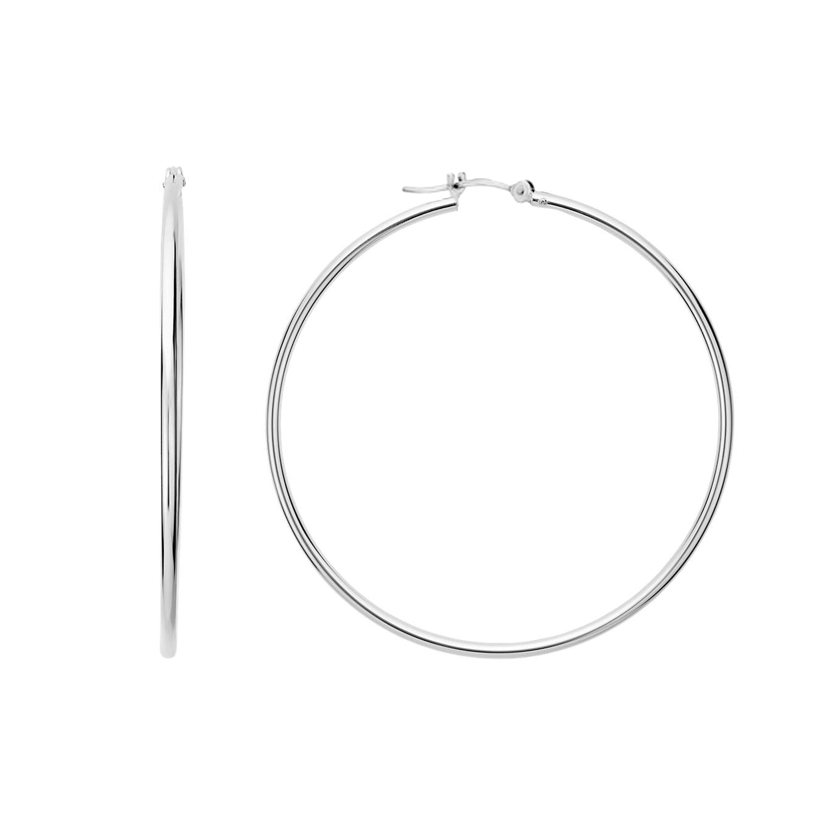 14k White Gold 1.5mm Shiny Round Tube Hoop Earrings, Diameter 40mm