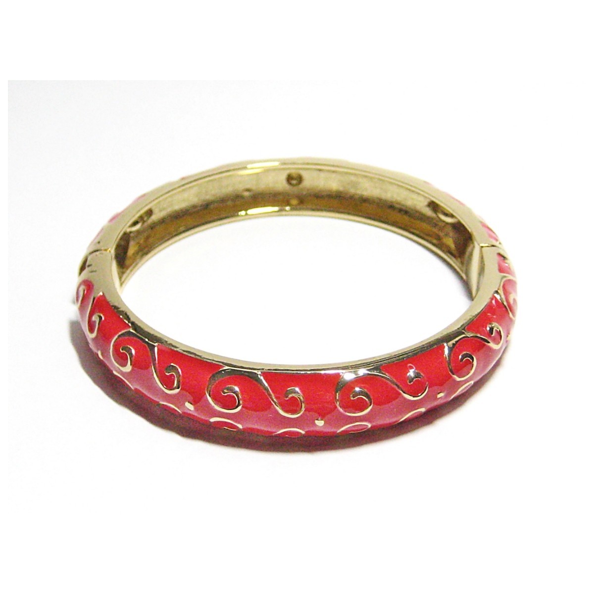 Lipstick Red Enamel Hinged Bracelet w/Gold Filagree Accents + FREE GIFT