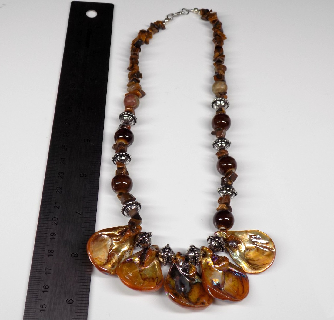 Tiger’s Eye Bib Necklace Brown Iridescent Shell Silver-Tone Lobster Clasp Beads