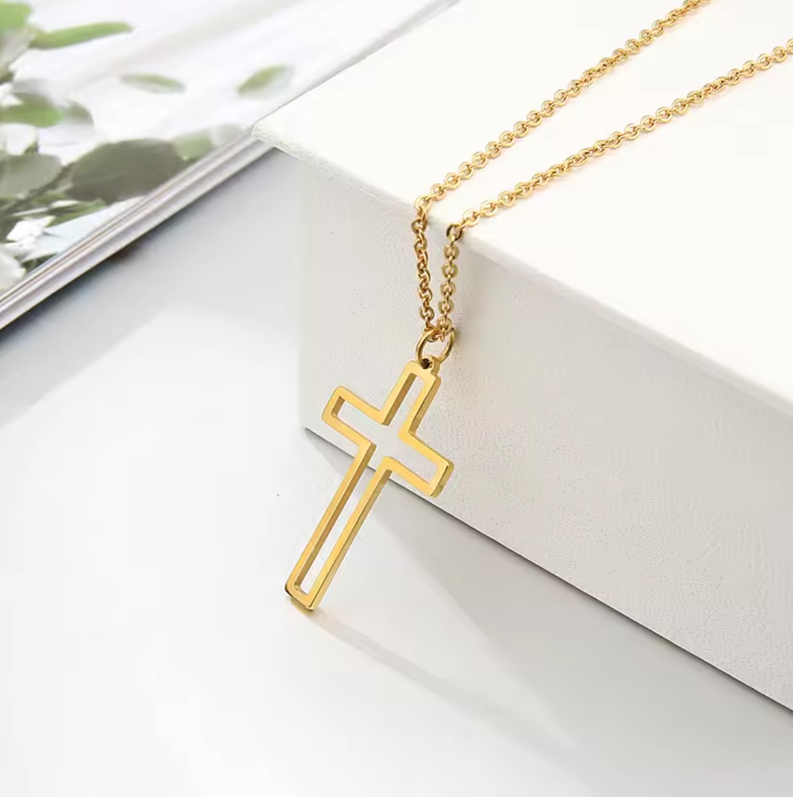 Stainless Steel Hollow Cross Pendant Silver And Gold Necklace Unisex