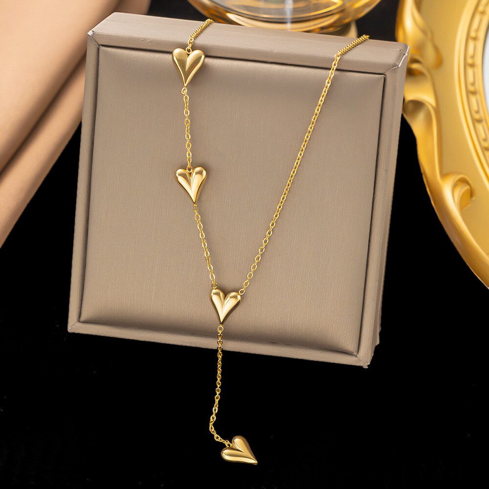 SET Woman 18K Gold Plated Stainless Steel Love Heart Charm Necklace Bracelet