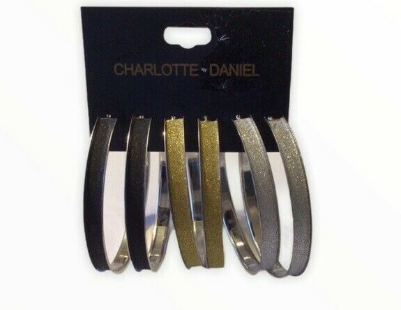 Charlotte Daniels Women 3 Pair Hoop Earring Shimmery Black Gold Silver new