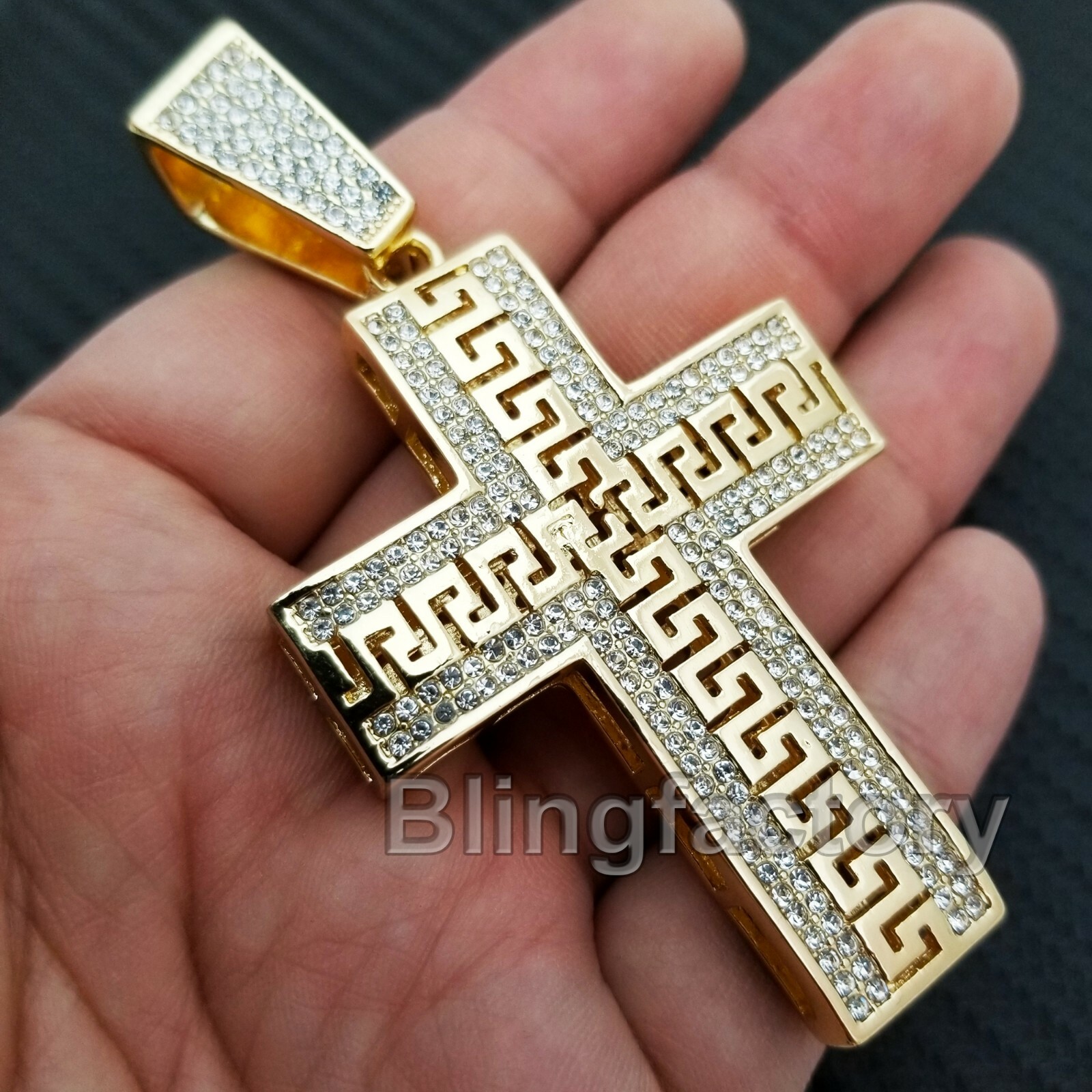 HIP HOP ICED CUBIC ZIRCONIA GOLD PLATED ALLOY LARGE CROSS BLING CHARM PENDANT