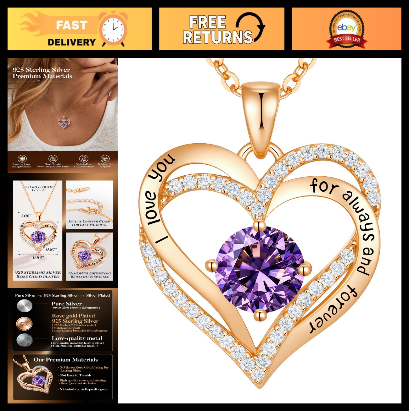 925 Silver Engraved Forever Love Heart Birthstone Necklace for Women – Gift Idea