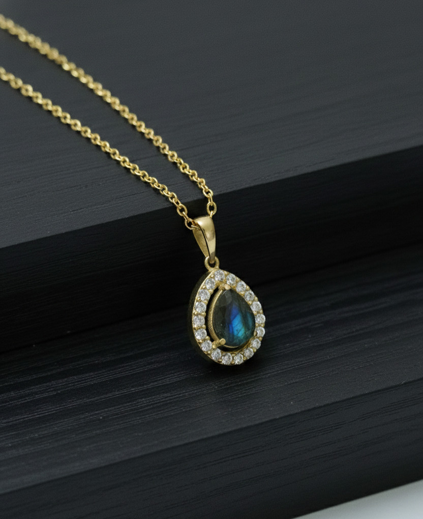 Labradorite Pear Drop Pure Brass Pendant Necklace Gold Plated Gemstone Necklace