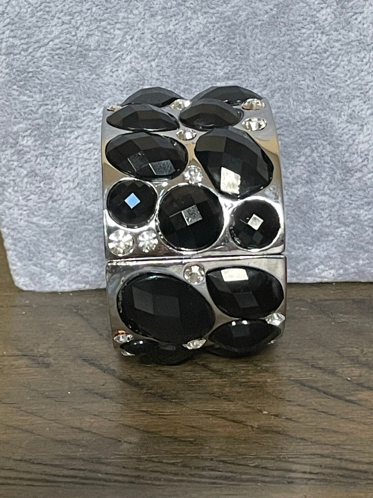 Black lucite Bead And clear crystal On Wide Silver Tone Hinge Bracelet