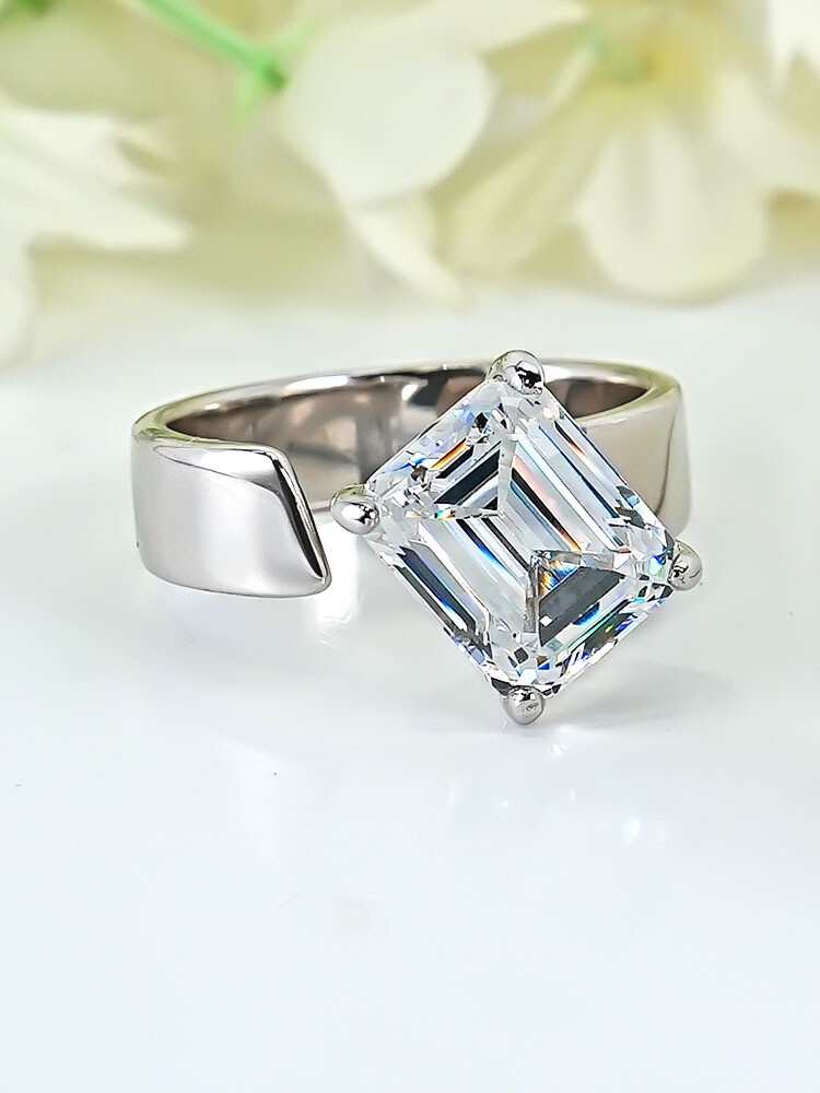 4ct Luxury Simple Emerald Cut Silver Ring, Lab Grown Diamond, Elegant, Chic