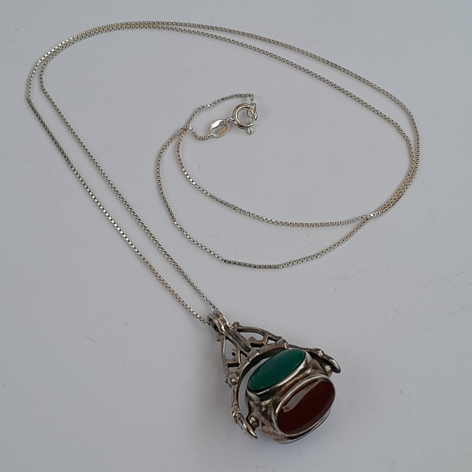 Vtg Sterling Silver Four-Sided Spinner Fob Pendant Necklace Red Black Stone 925