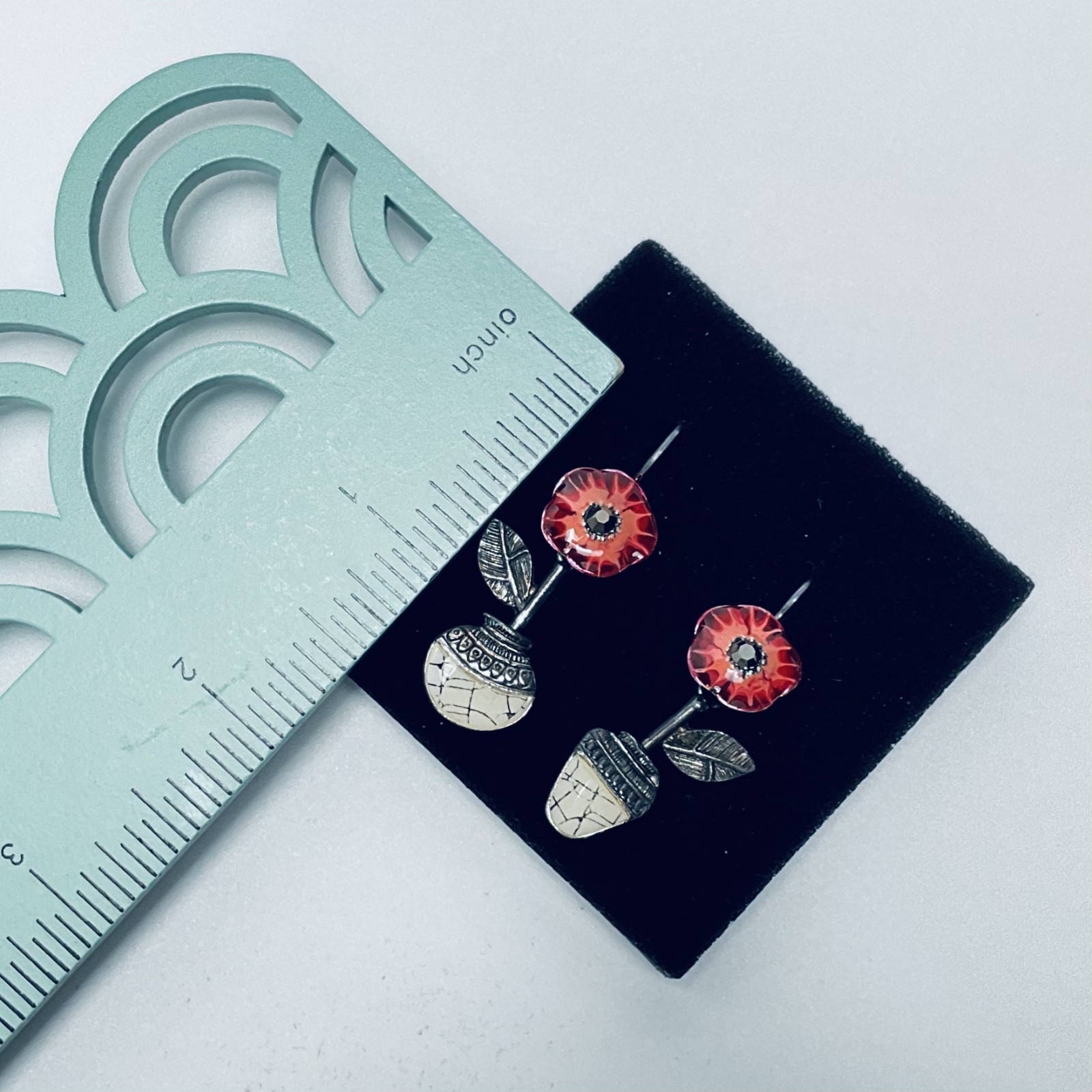 Coloritis Red Floral Enamel Metal Dangle Earrings From Zurich, Germany