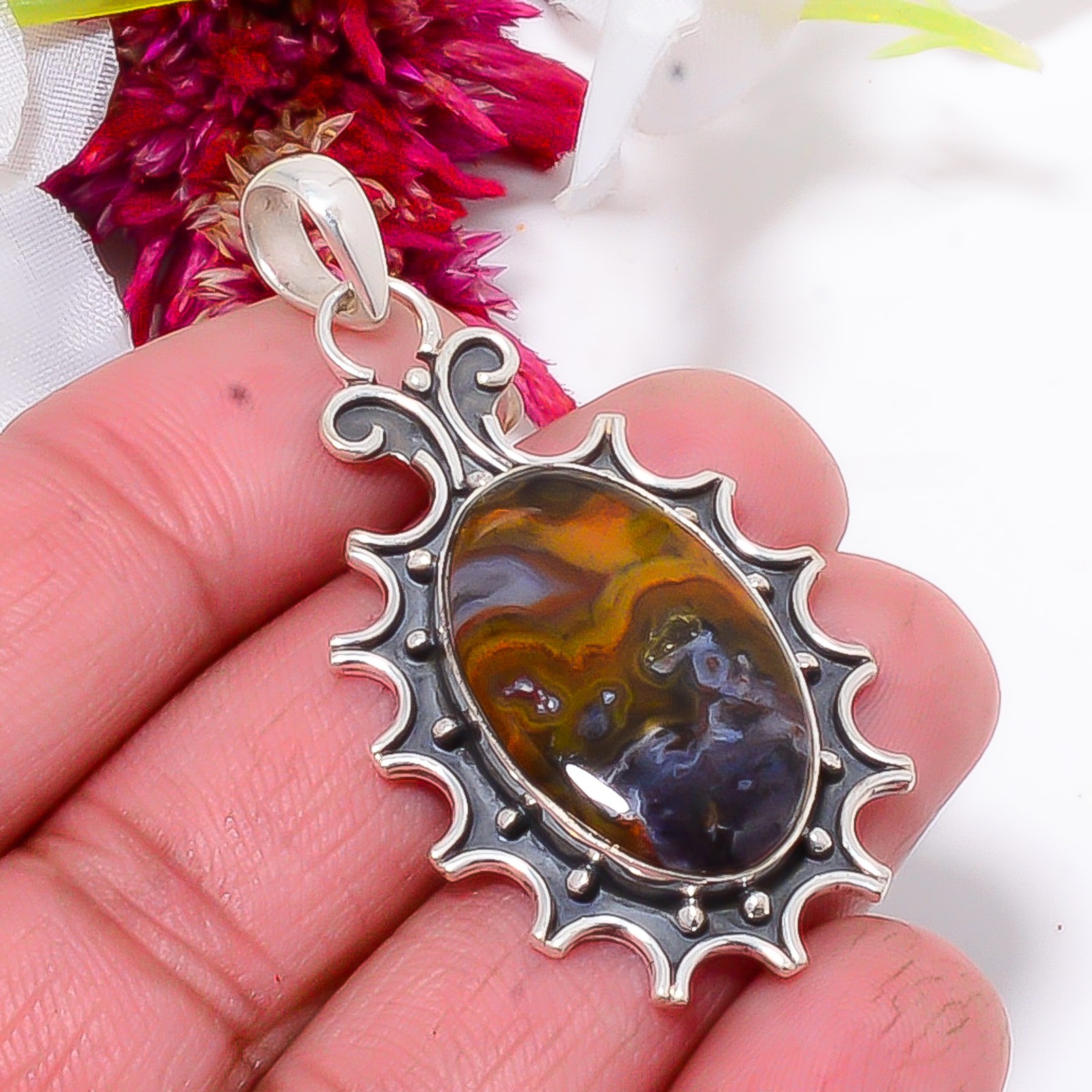 Turkish Stick Agate – Turkey Oxidised 925 Sterling Silver Pendant 1.95″ sku24