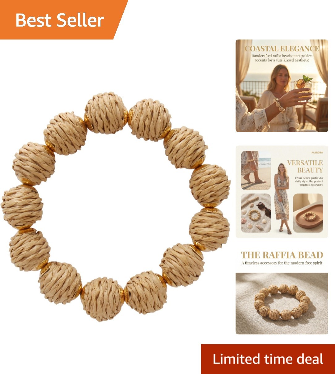 Adjustable Raffia Bracelet with Elegant Rattan Balls – Perfect Summer Accessory