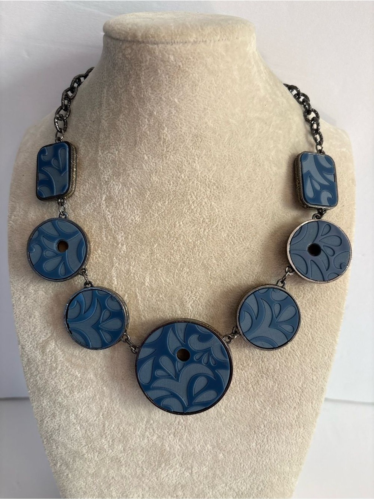 Reversible Statement Necklace Beige Blue Faux Leather Gold Tone Necklace