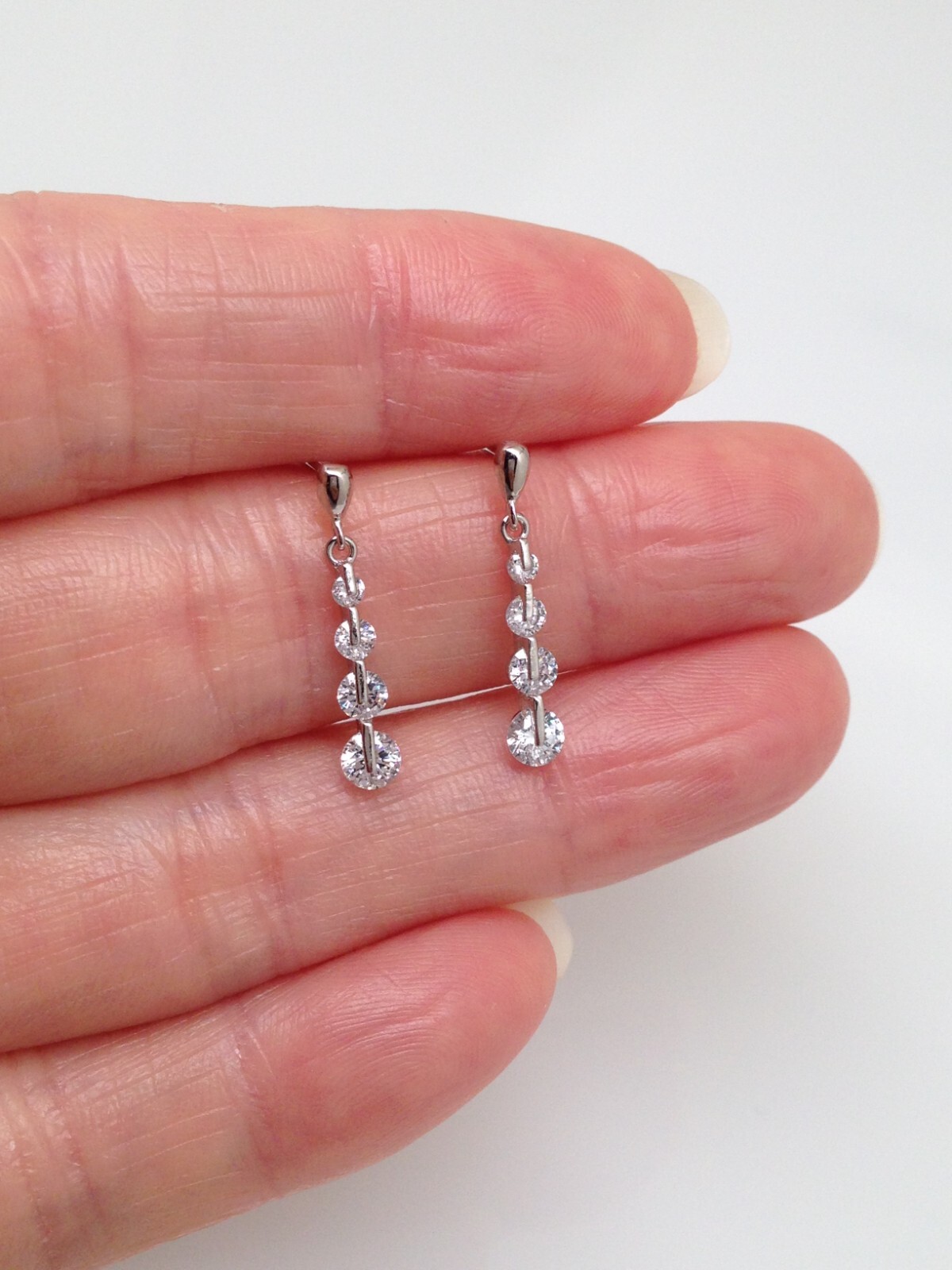 925 Sterling Silver Graduated CZ Station Drop Earrings Women 19mm x1.5/3.2mm