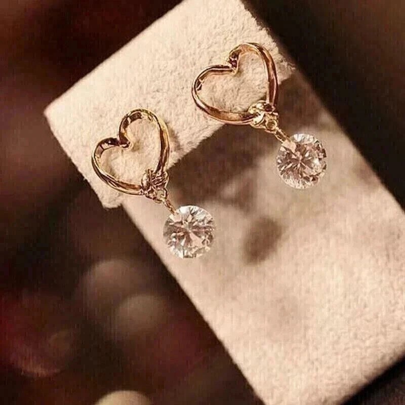 Round Cut Simulated Diamond Drop Heart Shape Earrings In 14K Yellow Gold Plated