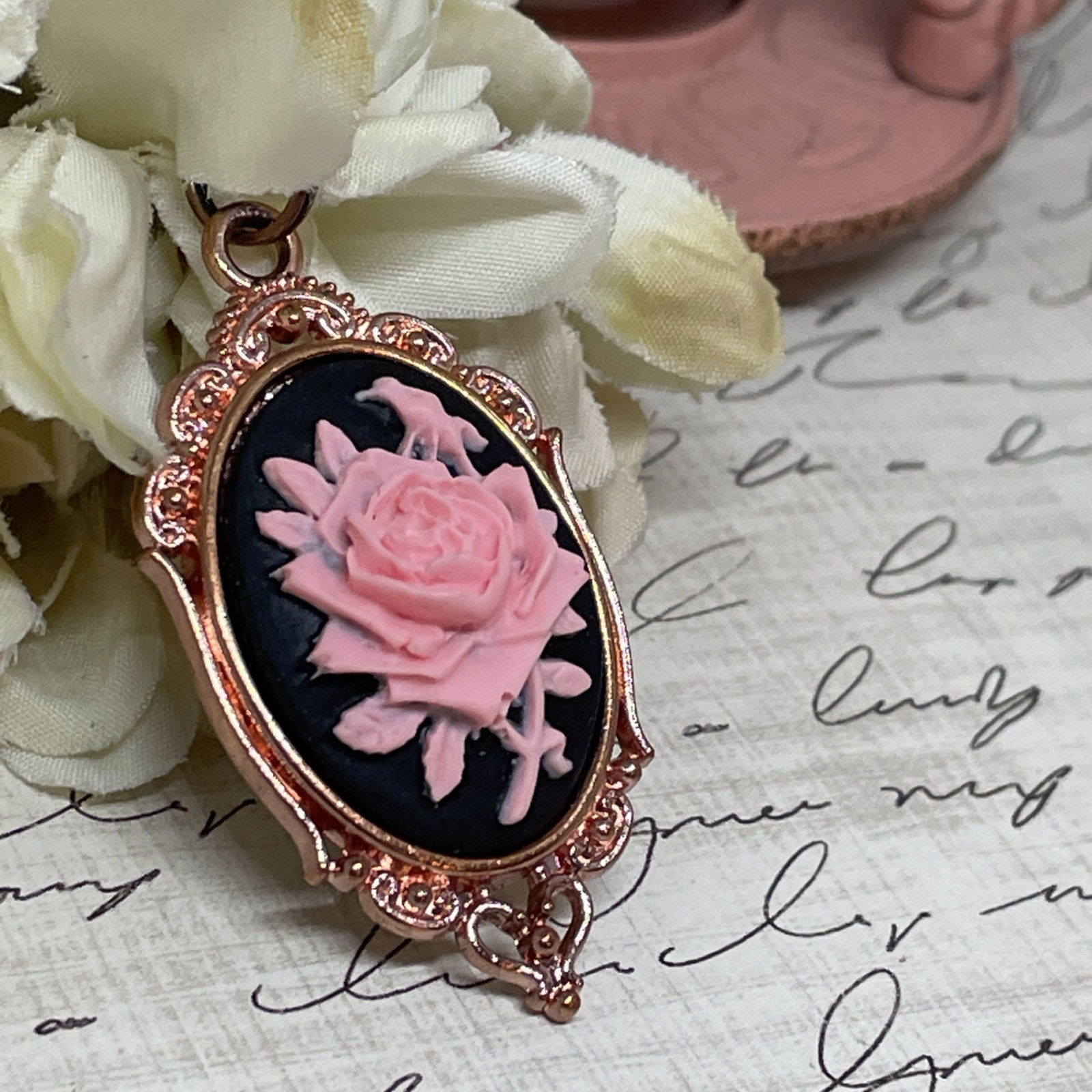 Gothic Steampunk Halloween Rose Gold Necklace Black Pink Rose Cameo Jewelry
