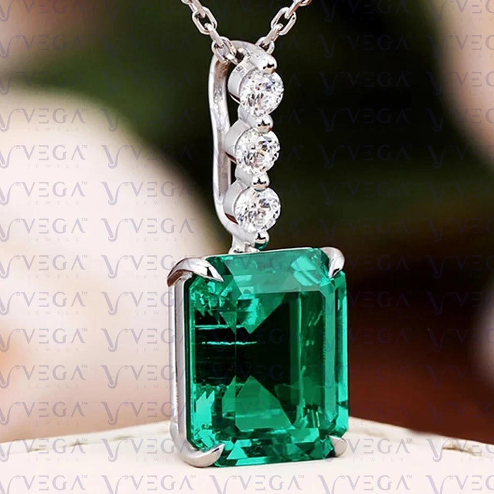 3.75 Ct Emerald Cut Emerald Pendant Wedding Pendant 14k White Gold