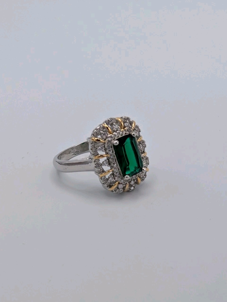 3.75 Carat Simulated Emerald Baguette CZ Halo Ring 14k Gold Plated Sterling 925