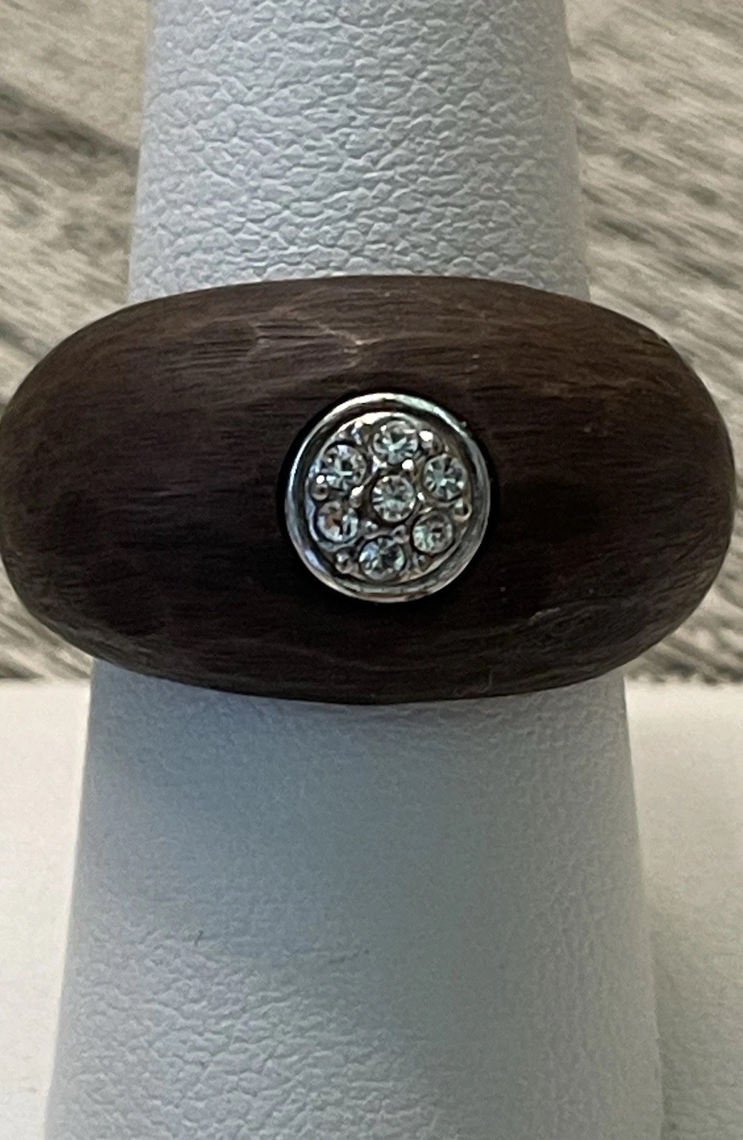 Wooden Domed Ring Clear CZ Cluster Size 8 Women’s Brown Ring 1/2” Wide Band Ring
