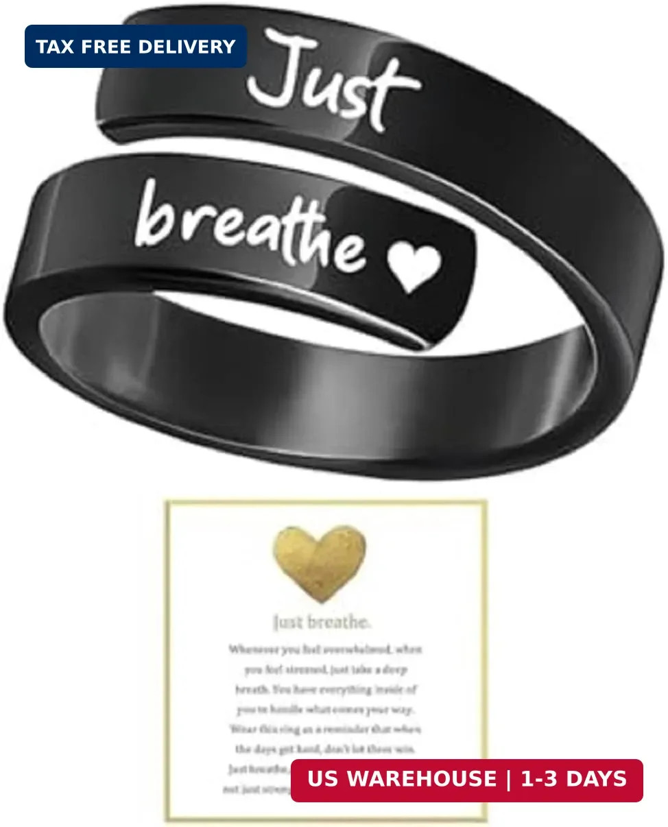Just Breathe Ring for Women Men Adjustable Heart Hope Rings Black Inspirational