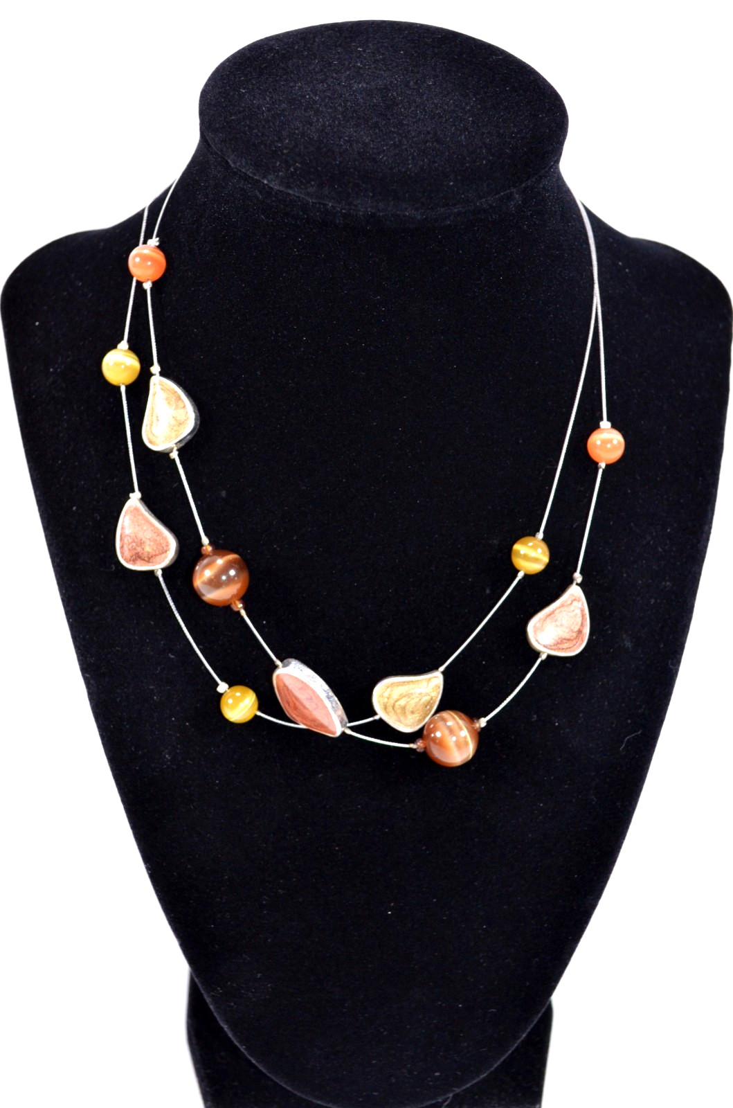 Double Strand Round Glass Beads & Flat Plastic Bead Necklace 18″